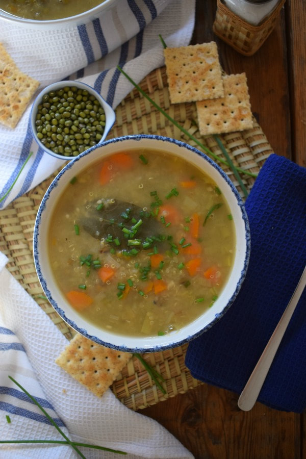 over head table setting view of the green lentil and quinoa soup