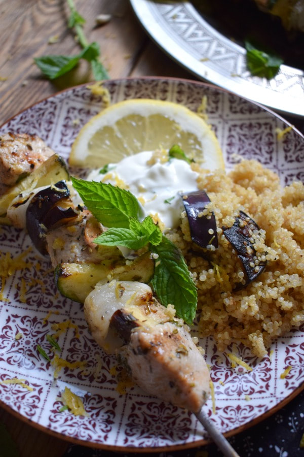 close up of the Mint & Lemon Chicken Kebab on a plate with couscous