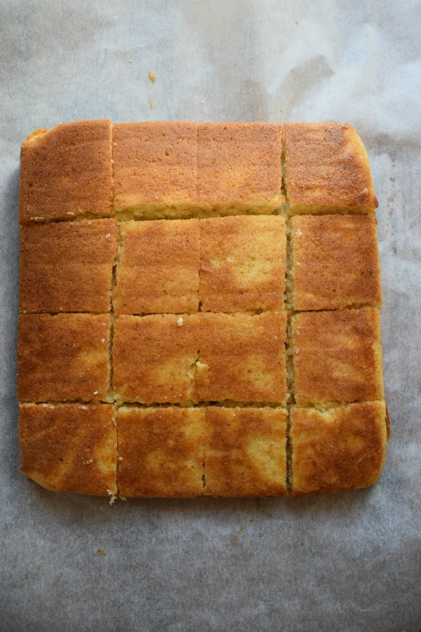 Cake squares cut into squares.