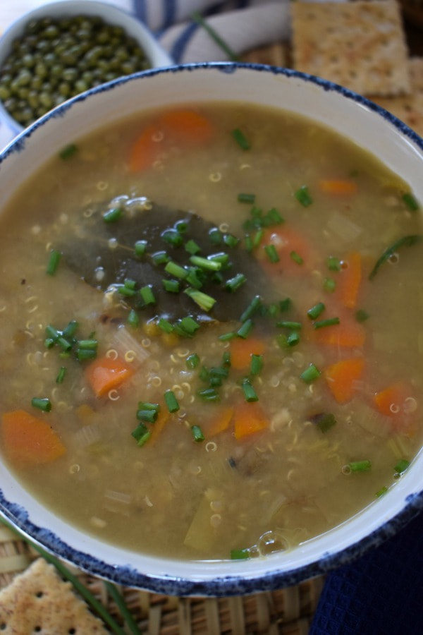 close up of the green lentil and quinoa soup