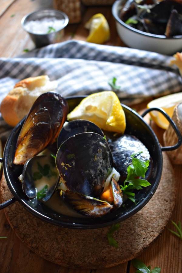 close up of Lemon Cream Steamed Mussels