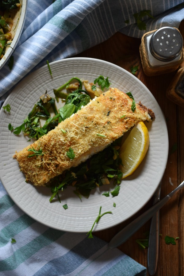 over head view of the Lemon & Parmesan Perch with Sauteed Spinach