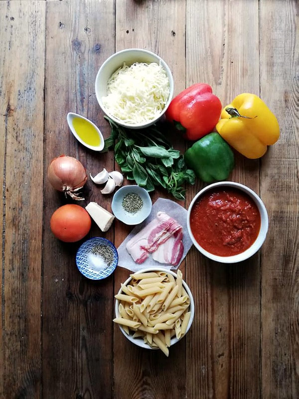 Ingredients for the Bell Pepper & Bacon Pasta Bake