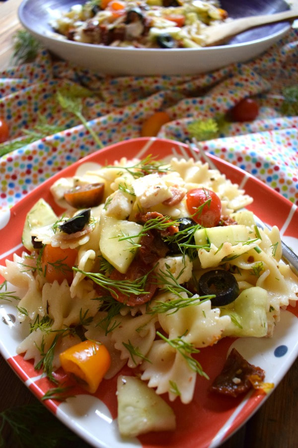 Mediterranean Pasta Salad on a colourful plate