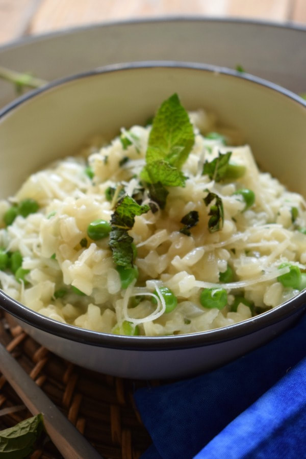 close up of pea and mint risotto