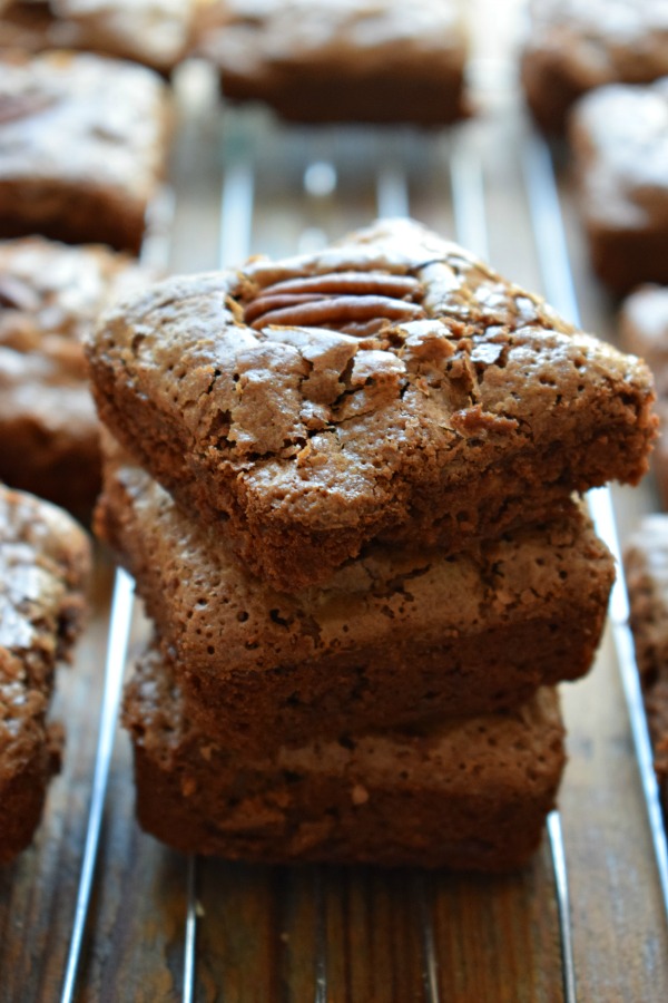 Close up of a stack of Chocolate Pecan Brownies