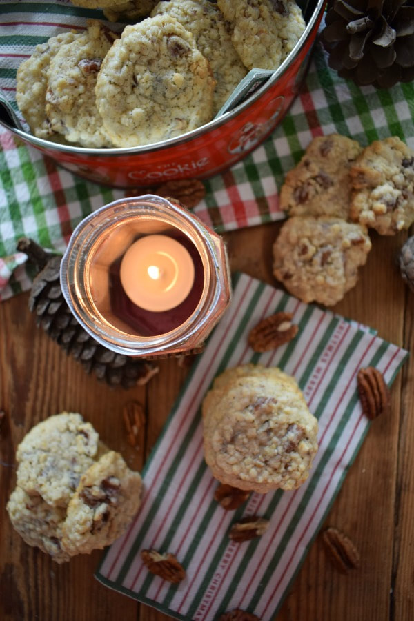 overhead view of the pecan oatmeal cookies with a candle