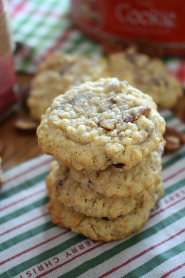 A stack of pecan oatmeal cookies