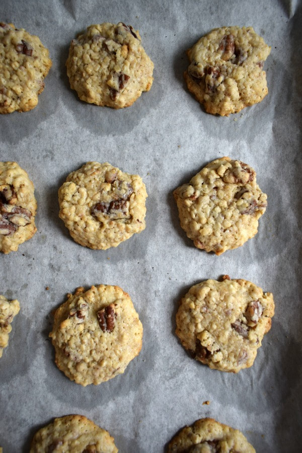 Pecan Oatmeal Cookies on a baking tray