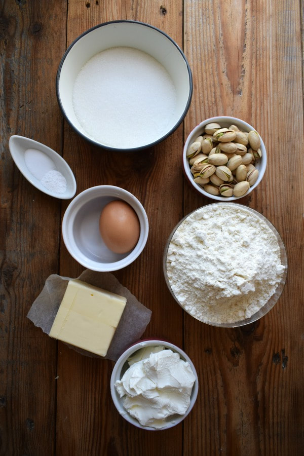 baking ingredients for the mascarpone pistachio cookies