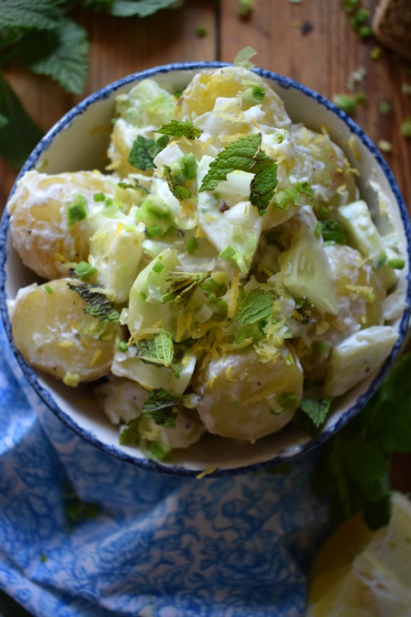 over head view of the potato & cucumber salad