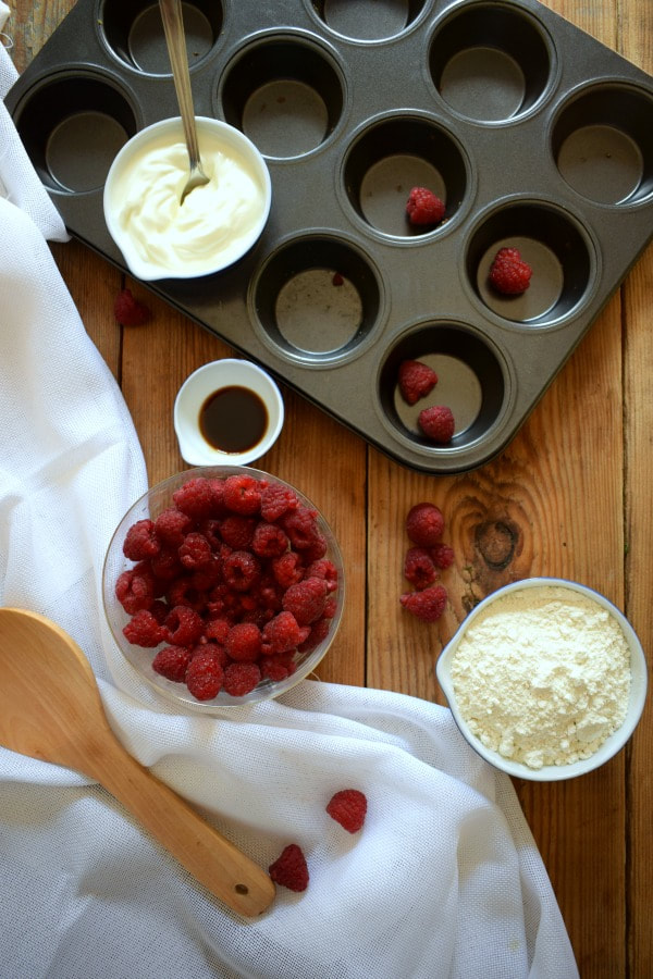 Ingredients to make the greek yogurt raspberry muffins