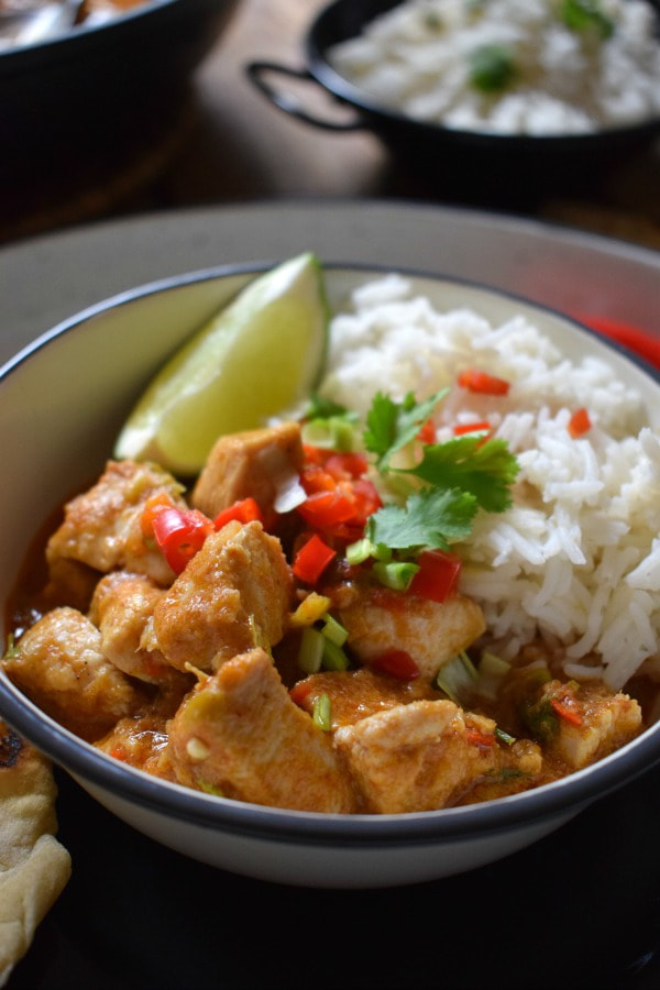 close up of the red thai chicken curry