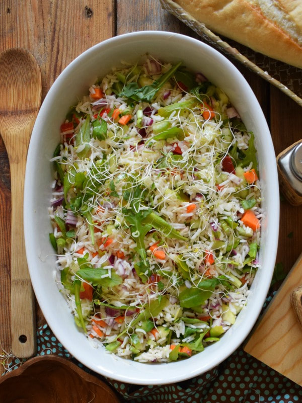 Overhead view of the Tangy Vegetable Rice Salad in a serving dish