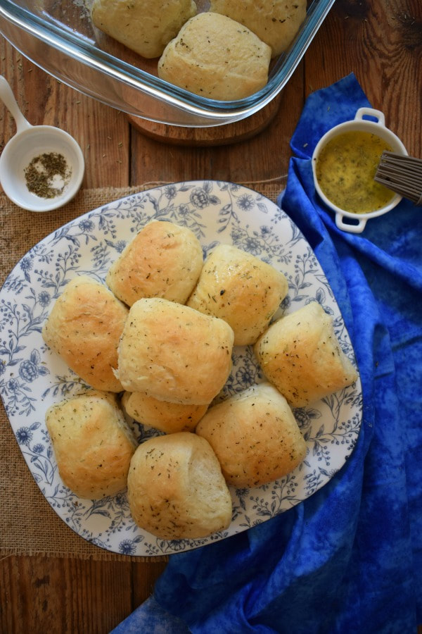 over head table setting view of the herb dinner rolls