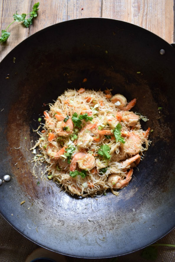 Spicy Shrimp & Noodle Stir Fry in a wok