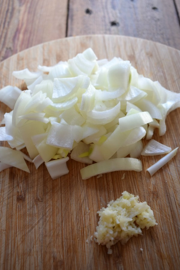 chopped onions and garlic to make split pea soup