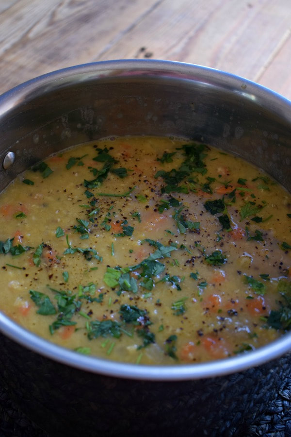 split pea and carrot soup in a pot