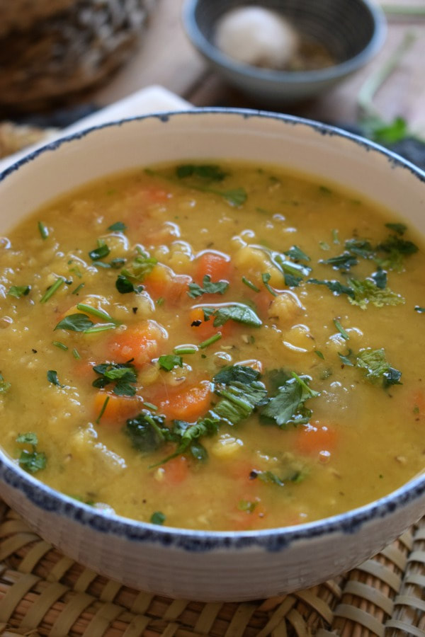 close up of split pea soup in a bowl