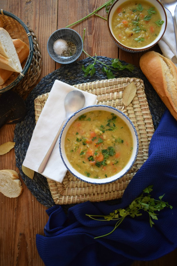 over head table setting view of the split pea and carrot soup