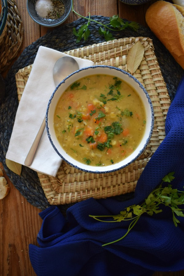 over head table setting view of the split pea soup