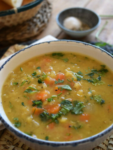 split pea and carrot soup in a bowl