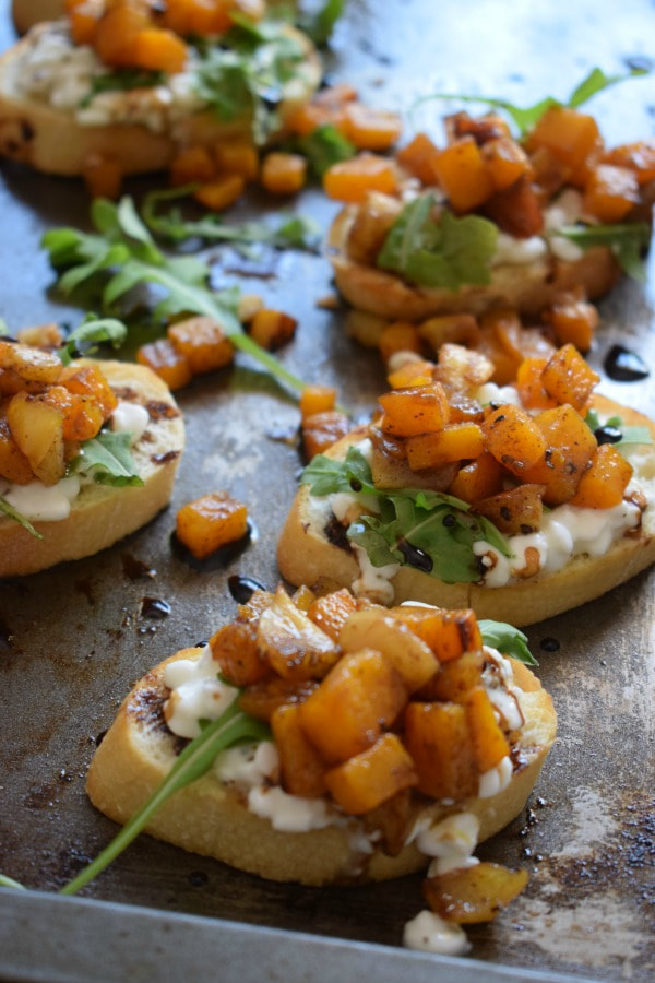 close up of the roasted butternut squash and apple bruschetta