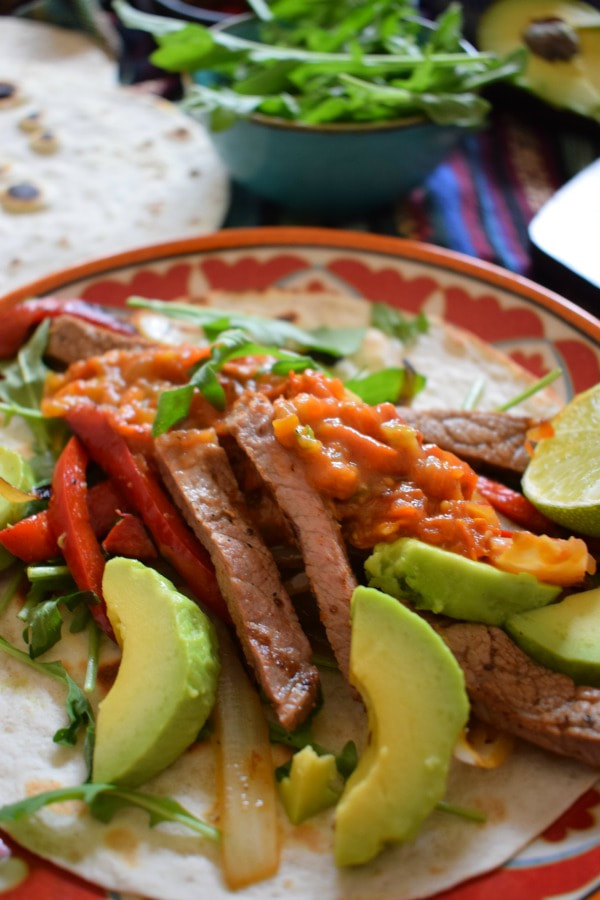 close up of the Spicy Steak Fajitas with Roasted Tomato Salsa