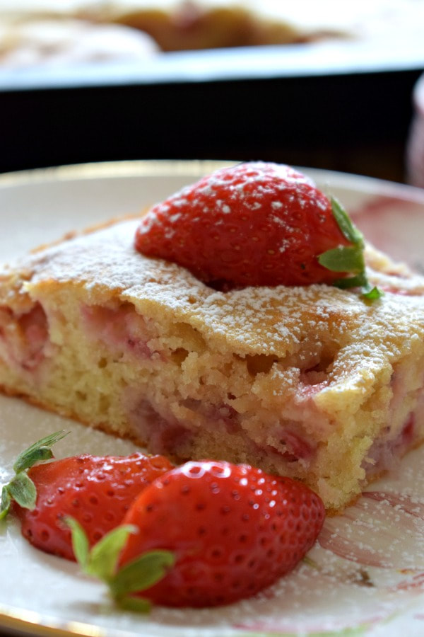 CLOSE UP OF THE STRAWBERRY SNACKING CAKE