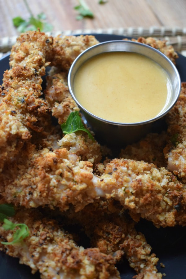 Close up of the Parmesan Crusted Turkey Tenders with a dip