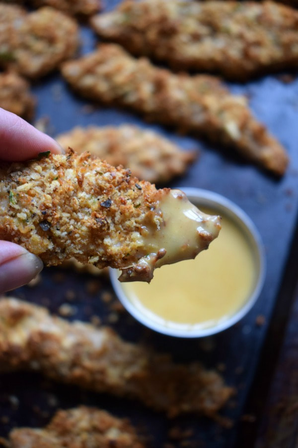 Close up of the turkey tenders with a dipping sauce