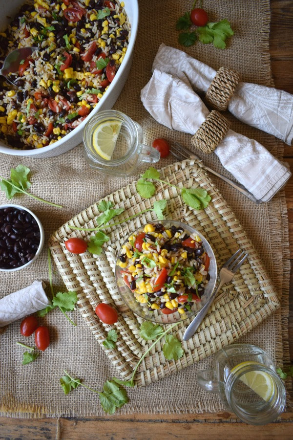 table setting of the wild rice and black bean salad