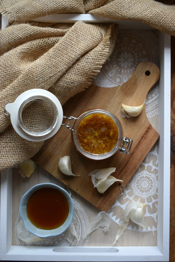 Honey Garlic Sauce on a tray with ingredients