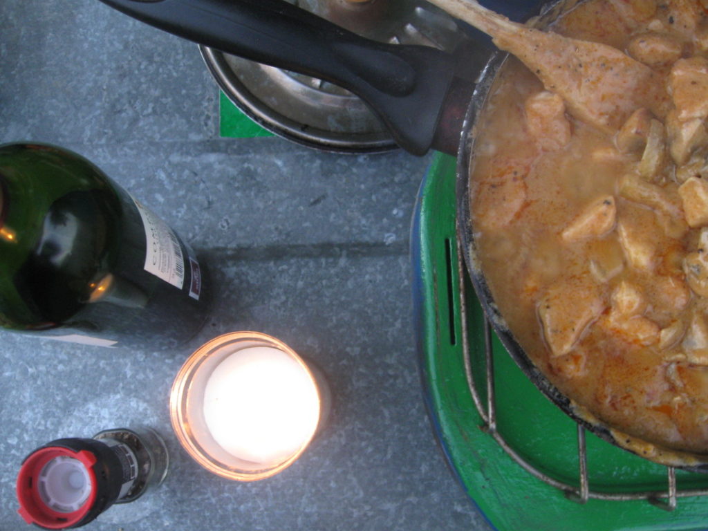 over head view of a camping chicken dish