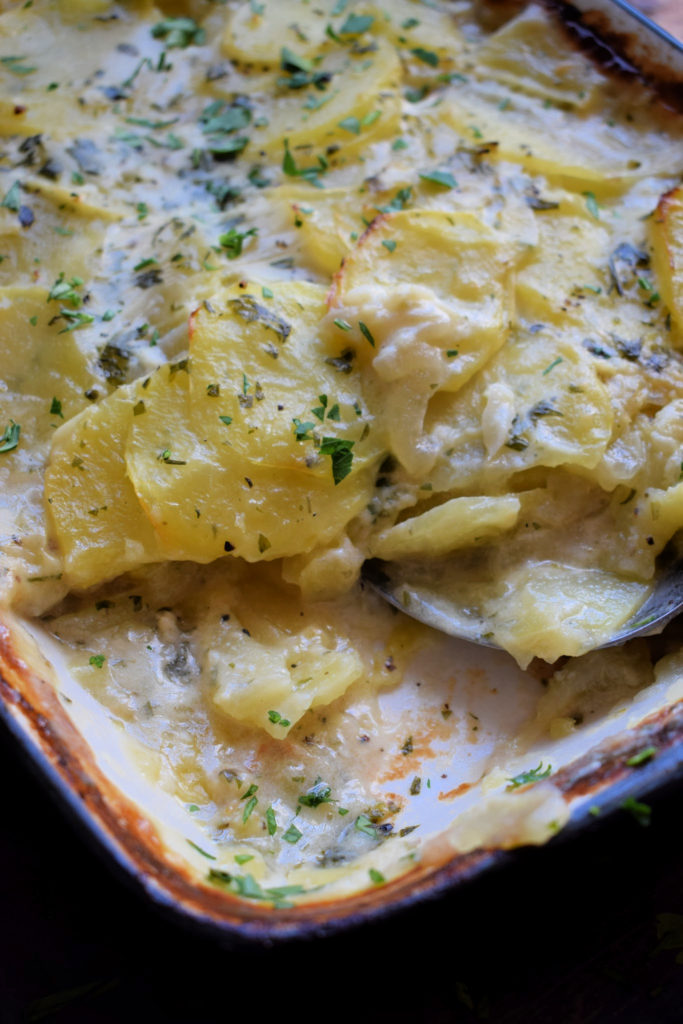 close up of the old fashioned scalloped potatoes