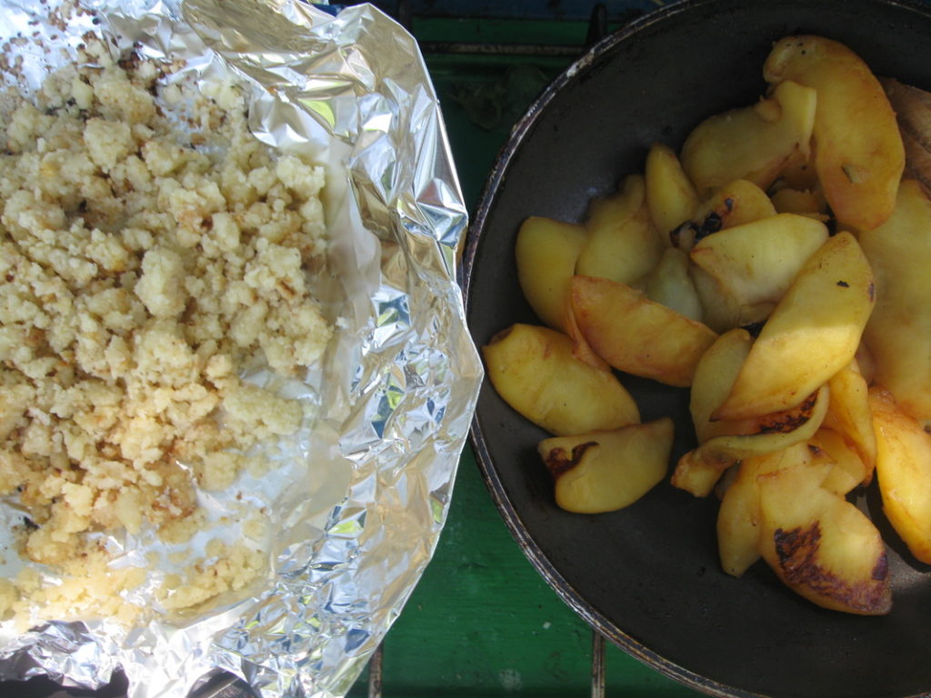 view of stove top apple crumble on a camp stove