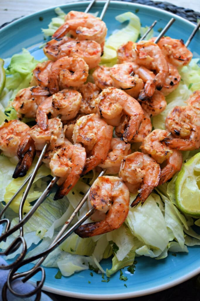 grilled-shrimp-016 grilled shrimp with chimichurri salsa on a bed of lettuce