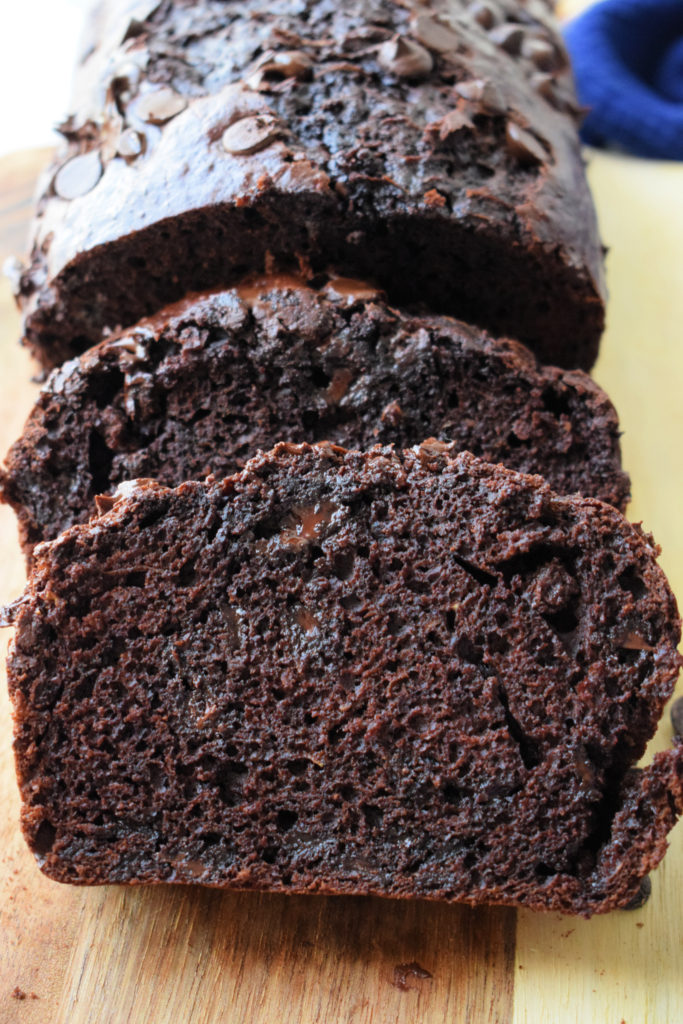 close up of the chocolate zucchini loaf cake