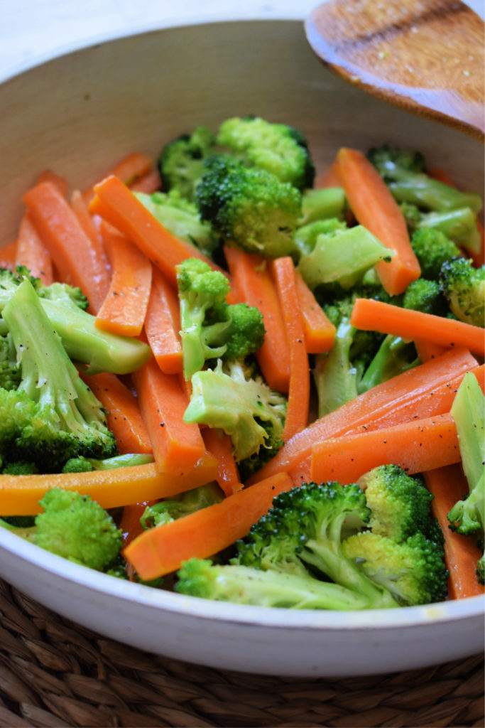 Butter Sauteed Broccoli & Carrots in a serving dish