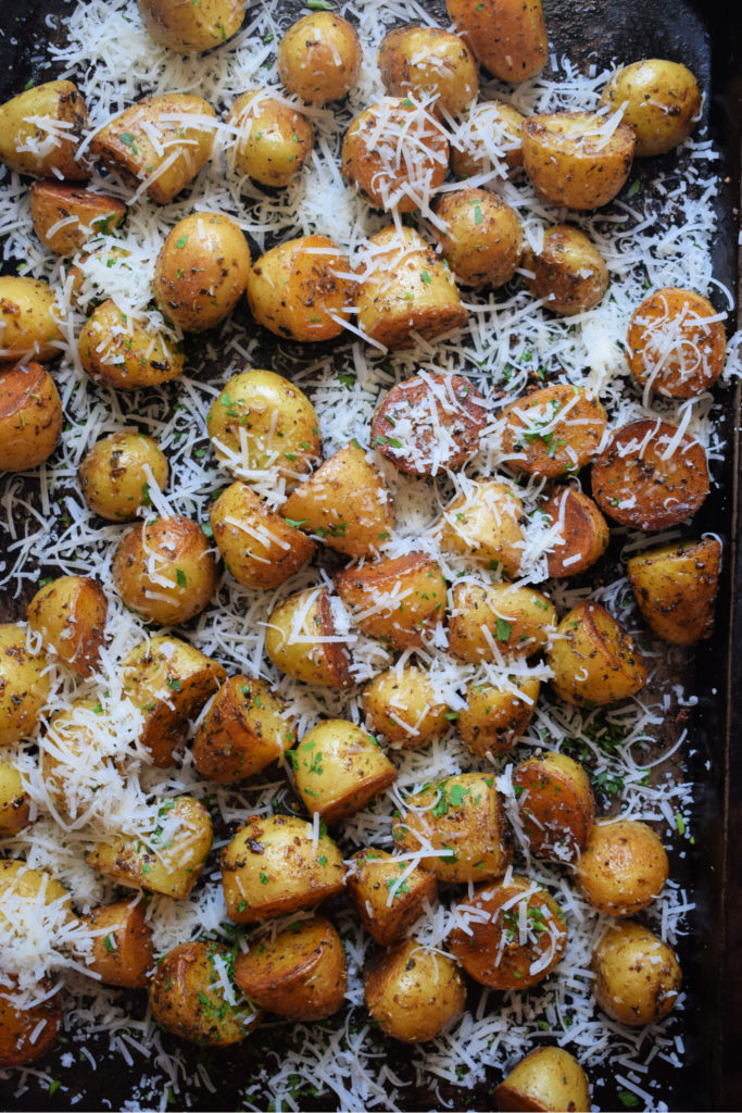 Crispy Oven Roasted Baby Potatoes on a tray
