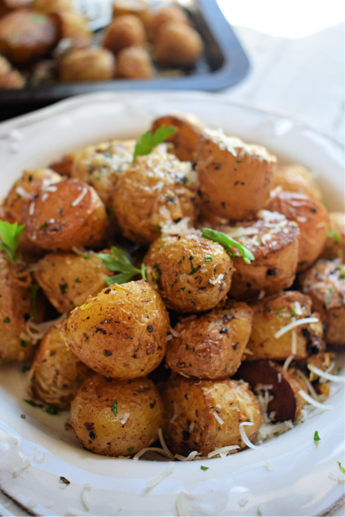 close up of the crispy oven roasted parmesan baby potatoes