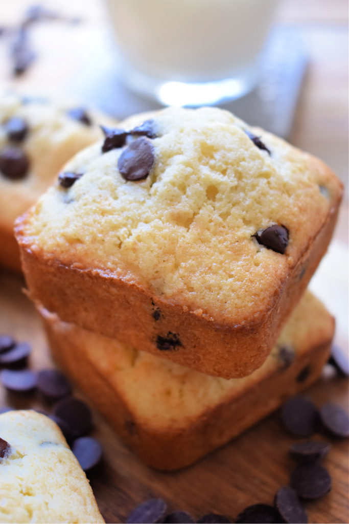 CLOSE UP OF THE CHOCOLATE CHIP CAKE SQUARES