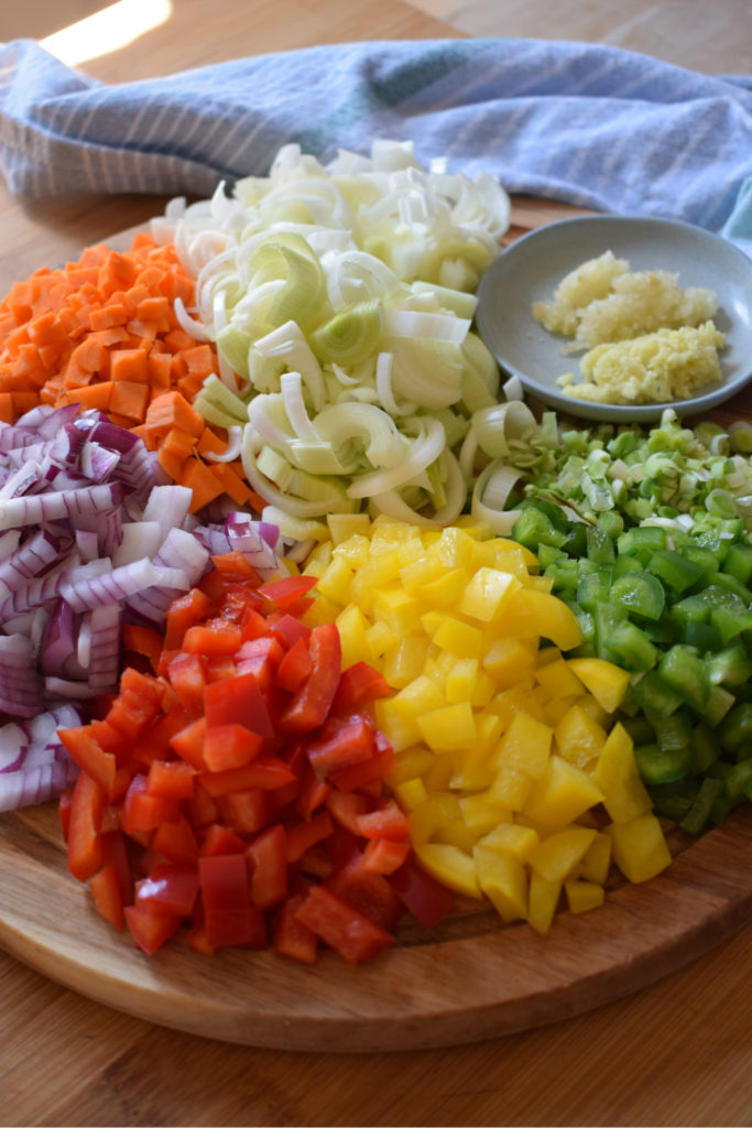 chopped vegetables on a wooden board