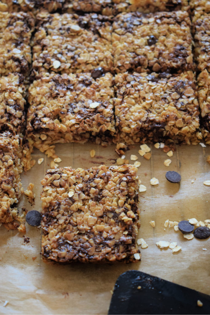 CHOCOLATE CHIP FLAPJACKS ON PARCHMENT PAPER