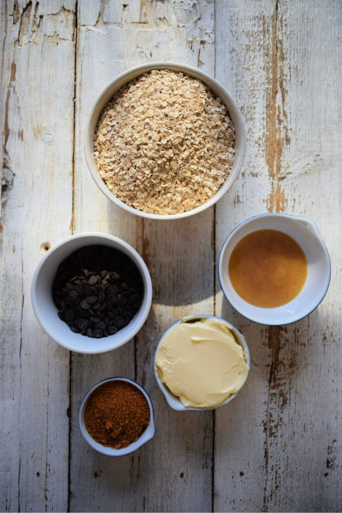 Ingredients to make chocolate chip flapjacks