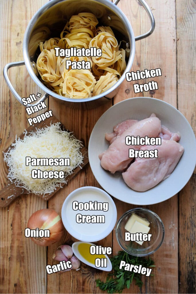 Ingredients to make creamy chicken alfredo.