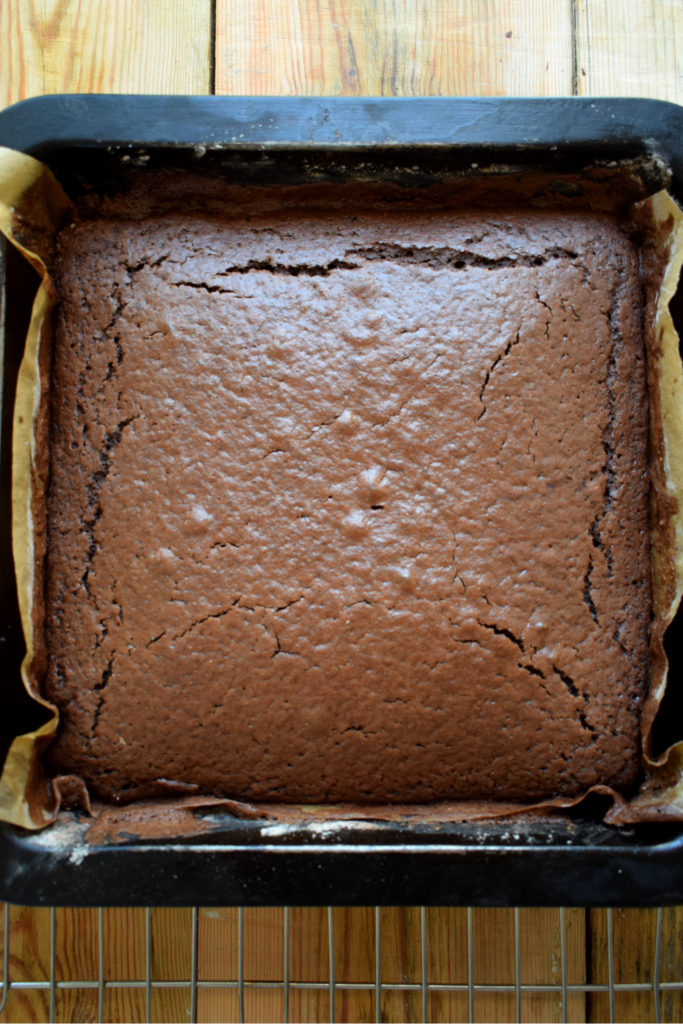 Chocolate cake on a cooling rack