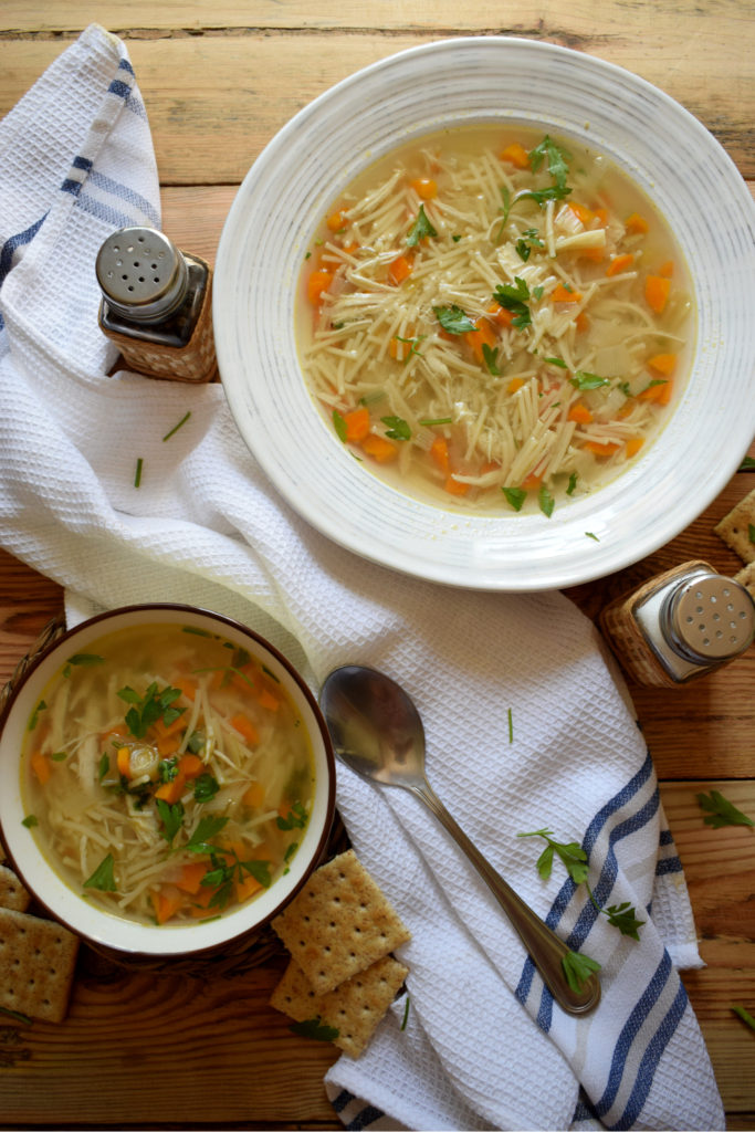 OVER HEAD TABLE VIEW OF THE CHICKEN NOODLE SOUP