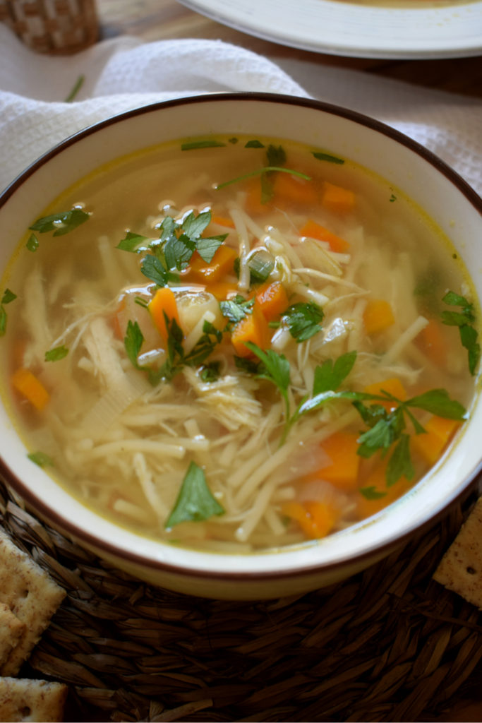 close up of the chicken noodle soup