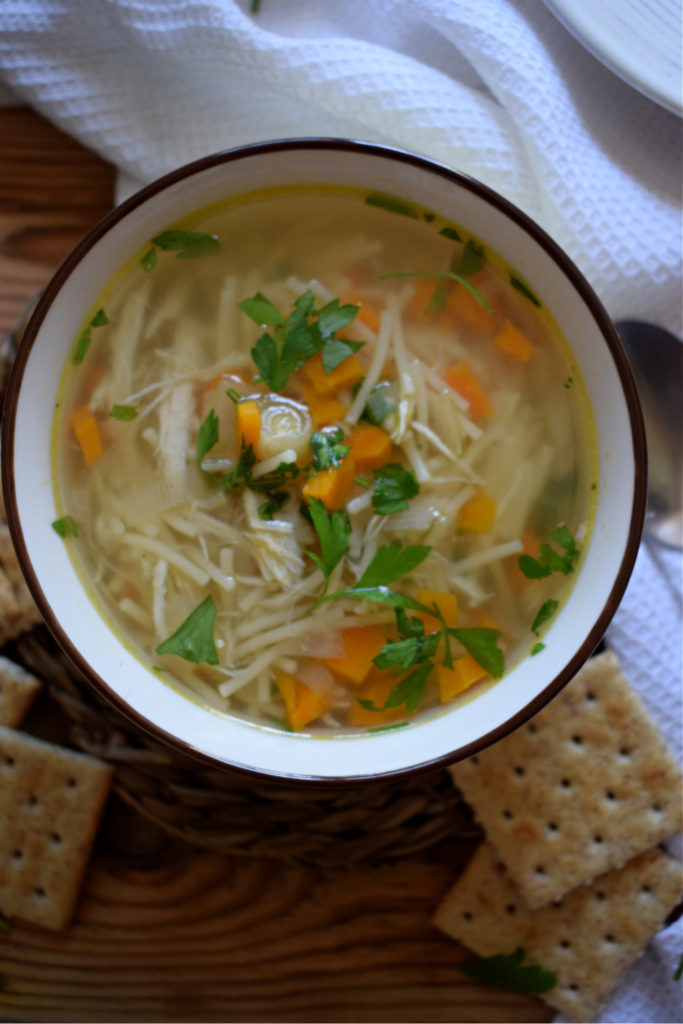 over head view of the slow cooker chicken noodle soup